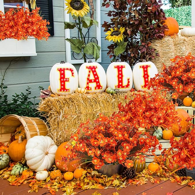 Grunyia 20 Bundles Artificial Fall Flowers Outdoor,No Fade Fake Plastic Flowers,Faux Autumn Plants for Indoor Outside Garden Porch Window Box Home Wedding (Fall Red)