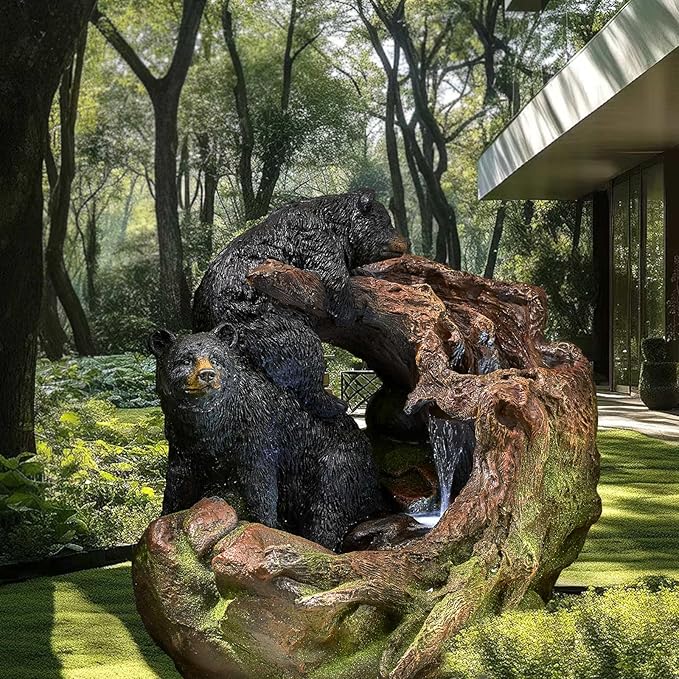 22'' Outdoor Bear Fountain with LED Lights – Wildlife Water Feature for Garden, Patio, Yard, or Porch – Durable Polyresin Animal Waterfall Decor – Rustic Brown & Black Finish