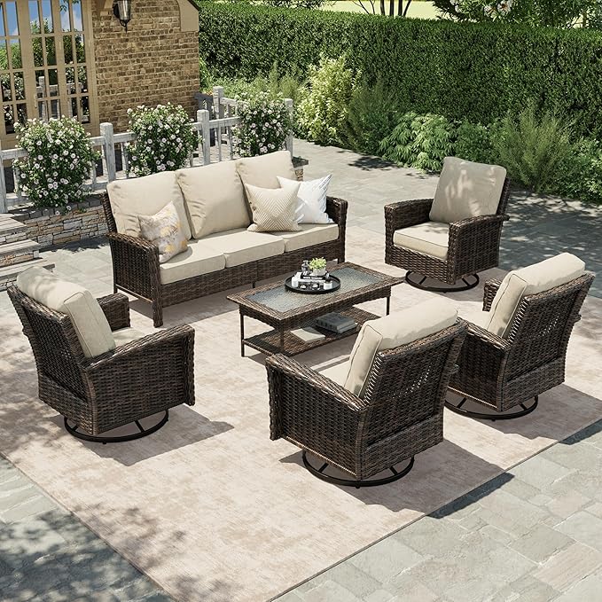 Luxury Patio Furniture Set with 5.5" Thick Cushion, Outdoor Wicker Conversation Set, 4 x High Back Swivel Patio Chairs with Tempered Glass Table, Waterproof 3-Seat Sofa for Deck Lawn Deck Yard, Beige