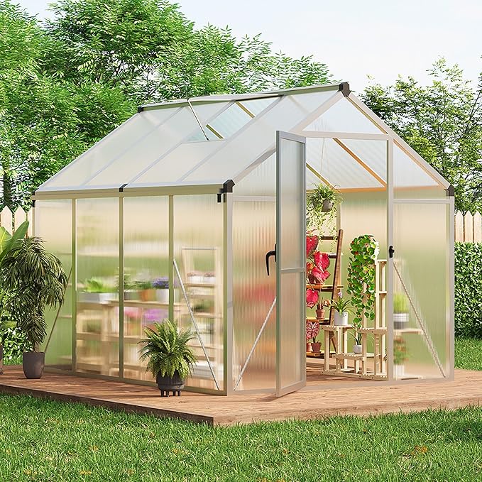 6X8 FT Greenhouse for Outdoors, Polycarbonate Flower Greenhouse with Roof Vent, Push-Pull Lockable Door, Aluminum Walk-in Greenhouses for Outside Garden Backyard, Patio, Lawn, Silver