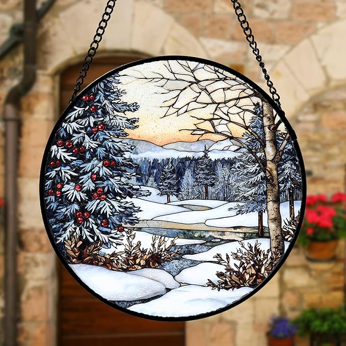 DASTOLL Stained Glass Window Hanging, Winter Snow Landscape Suncatcher Diamond Glass Panel Sun Catchers Decor for Birthday for Women, Men, Wife, Aunt, and Mom 11.8 in