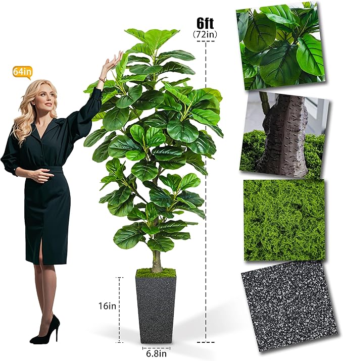 KOPWVA Artificial Fiddle Leaf Fig Tree 6ft, 6 Feet Large Tall Fake Plants Indoor with Modern Style Planter, Artificial Silk Tree for Home Office Living Room Decor Indoor, More Lifelike & Lush (Black)