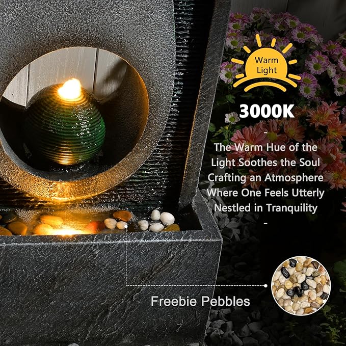 46.5" H Large Indoor Water Fountains - Modern Rectangular with Sphere - Waterfall Fountain for Indoor or Outdoor with LED Lights and Pump for Deck, Patio, Porch, Garden, Yard Decor