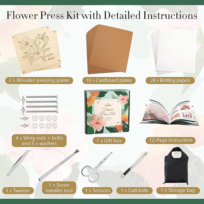 Aboofx Flower Press Kit, Craft Kits 11"x11" 10 Layers Wooden Flower Pressing Kit for Crafts Pressed Flowers & Plant Press for Valentine DIY Art, Preservation for Bookmark Frame Wedding Flowers Drying