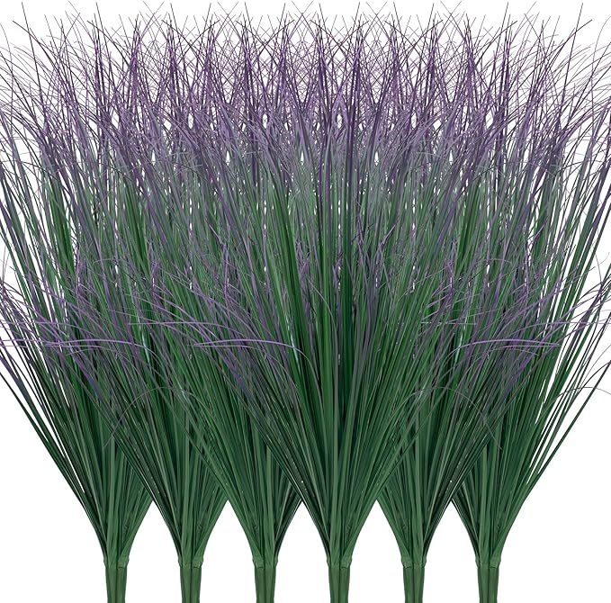 LUZOGA 24Pcs Artificial Grass Plants, Faux Shrubs Wheat Grass, Artificial Tall Grass Fake Plants for Outdoor Decor,Artificial Greenery Stems Weed for Room Indoor Home Decor（Green Purple Tail）