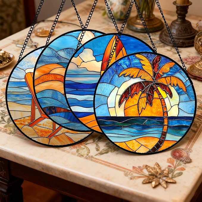 DASTOLL Stained Glass Window Hanging 4 Pcs Set Blue Orange Ocean Beach Theme Large 15" - Suncatcher Door Garden Sun Catcher Decor Birthday Christmas for Mom Woman Nana Men Wife