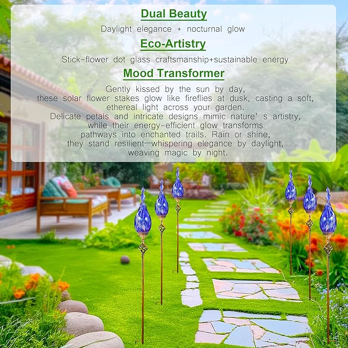 Naboher Solar Garden Lights Outdoor, Decorative LED Flame Garden Stakes, Hand Blown Glass and Outdoor Waterproof Glass Stakes (Dark Blue)