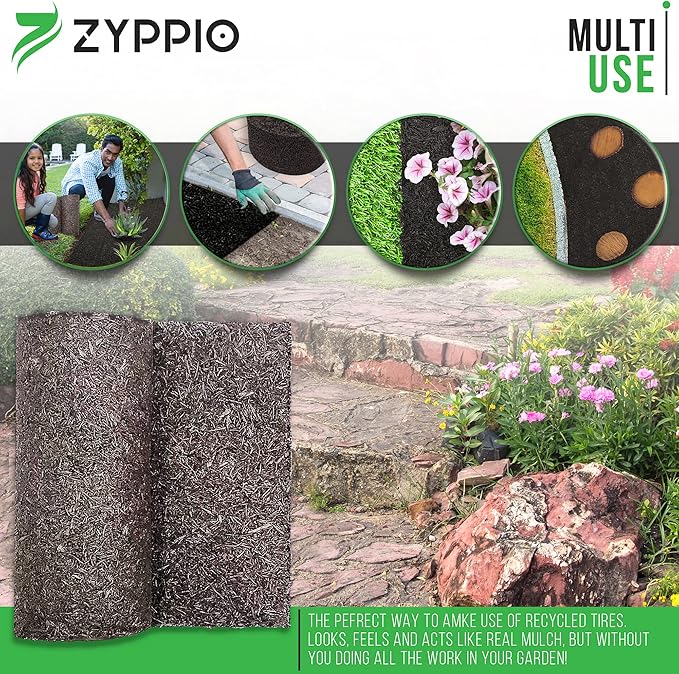 Black Rubber Mulch Border for Landscaping, 6' L x 22'' W Roll, Natural-Looking Permanent Garden Barrier for Plants, Vegetables, and Flowers, Recycled and Sustainable, 16 Plastic Anchors Included