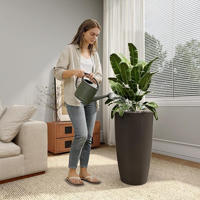 Vigo huseeo 22" Tall Planter Set of 2, Large Self Watering Pots for Indoor/Outdoor Plants with Drain Holes, Water Level Monitor, Inner Bucket for Front Porch Patio, Brown Rattan Conical