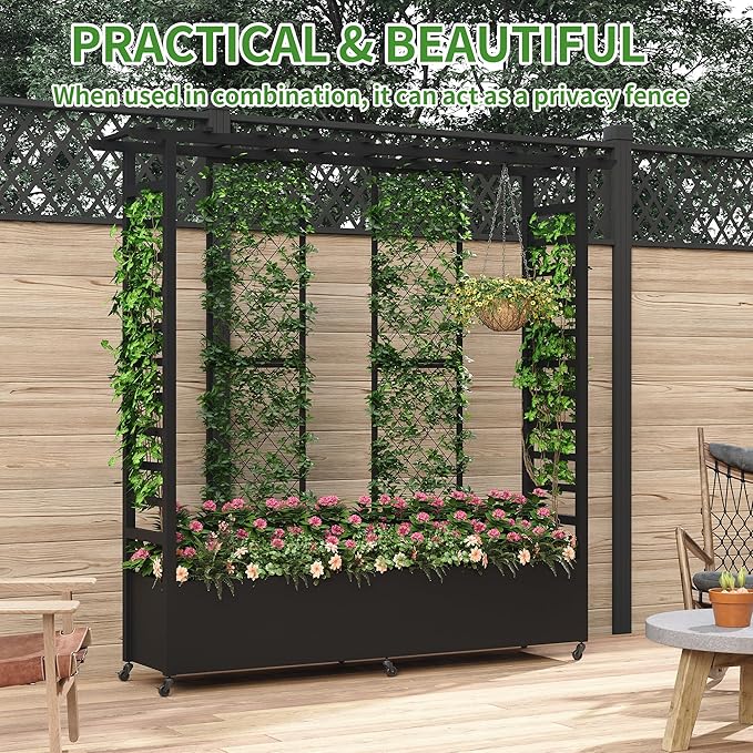 Raised Garden Bed with Trellis & Hanging Roof, Weatherproof Metal Planter Box with Wheels, Garden Arch Trellis for Outdoor Climbing Plants Vines Flowers, 74" H x 77" L x 17" W, Black