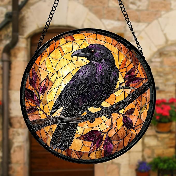DASTOLL Stained Glass Window Hanging - Crow on a Branch Suncatcher Ready to Hang Window Doors Home Decoration and Christmas, Mother's Day Birthday Gifts for Women, Men, and Mom 9.8x9.8 in
