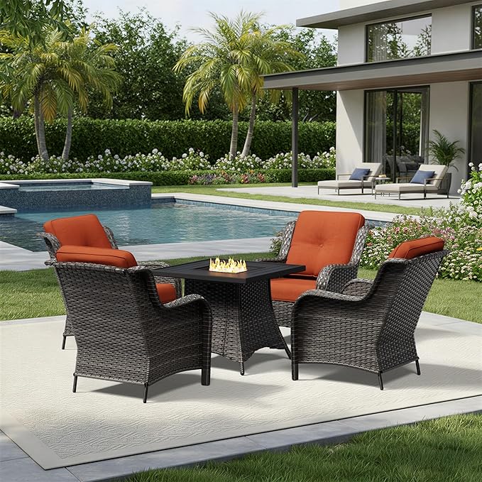 Joyside 5 Piece Wicker Patio Furniture Set with Fire Pit Table, Rattan Patio Chairs with High Back, Deep Seating, Wide Armrest, Thickened Cushions, Outdoor Furniture for Deck, Porch Use