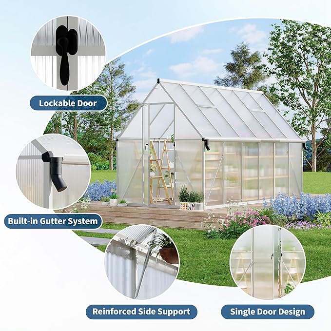 8X14 ft Polycarbonate Greenhouse with Aluminum Frame, Polycarbonate Greenhouse for Outdoors, Greenhouses with Ventilation and Rain Gutter, Aluminum Large Walk-in Greenhouses for Outside
