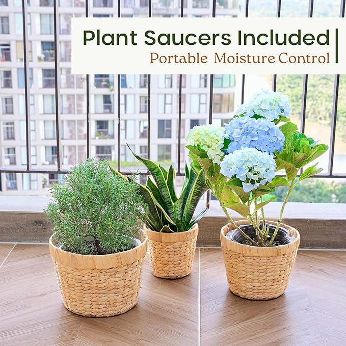 Indoor Water Hyacinth Plant Basket Set of 3, Woven Planter Baskets with Plastic Liner for Plants, Handwoven Plant Pots Decorative Wicker Planters for Home Décor (Saucer NOT Included)