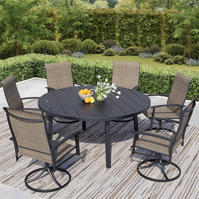 7 Pieces Outdoor Table and Chairs for 6, 47" Black Round Table with 6 Mocha Swivel Chairs, Patio Set with Swivel Chair, Garden Tables for Outdoor, Patio Dining Set for Lawn Backyard Poolside