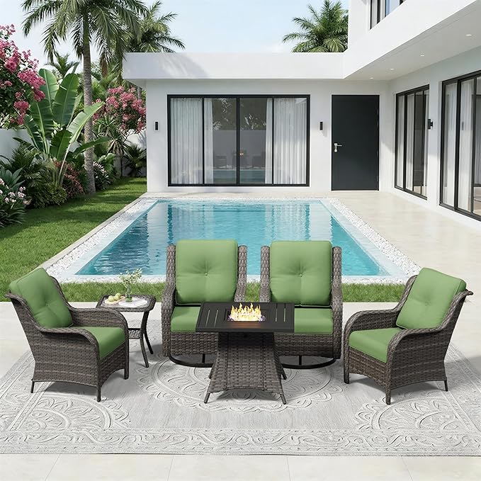 6 Pieces Outdoor Wicker Patio Furniture Set with Fire Pit Table, Patio Chair Set with Thickened Olefin Cushions, High Back and Deep Seating, Hand-Woven PE Rattan for Porch, Deck