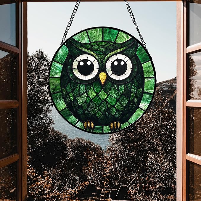 Stained Glass Window Hanging - Green Owl Suncatcher for Doors Garden Patio Funny Bird Sun Catchers Decor Christmas Mother's Day Birthday Teenager Gifts for Women Men Mom Nana Friend 7.8 in