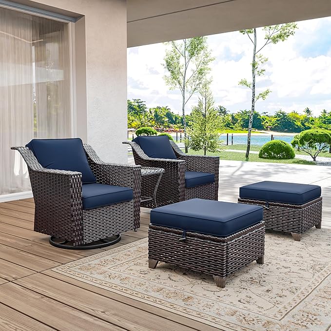 5 Pieces Wicker Patio Furniture, Luxury Outdoor Furniture with 2 Patio Swivel Chair, 2 Patio Ottoman and 1 Side Table, Wide Armrest, Thickened Cushions, Ideal for Deck, Porch Use