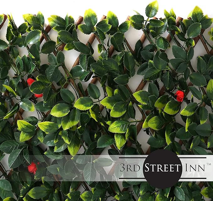 3rd Street Inn™ Leaf Trellis - Bamboo Greenery Panel - Boxwood and Ivy Privacy Fence Substitute - DIY Flexible Fencing (1, Red Rose Rattan)