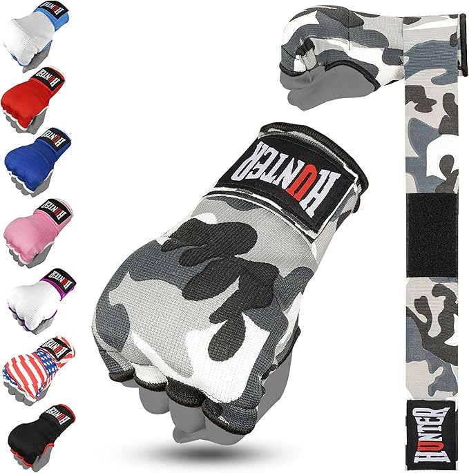 HUNTER Gel Padded Inner Gloves with Hand Wraps for Boxing, Quick Elastic Training Wraps for Men & Women, Muay Thai MMA Kickboxing Martial Arts Knuckle Wrist Protector (Pair)