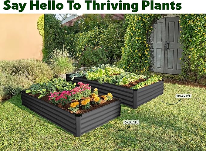 Plant & Plot Galvanized Raised Garden Beds Outdoor // 8×4×1 ft (2-Pack) Planter Raised Beds for Gardening, Vegetables, Flowers // Large Metal Garden Box // Patented Tool-Free Design (Dark Gray)