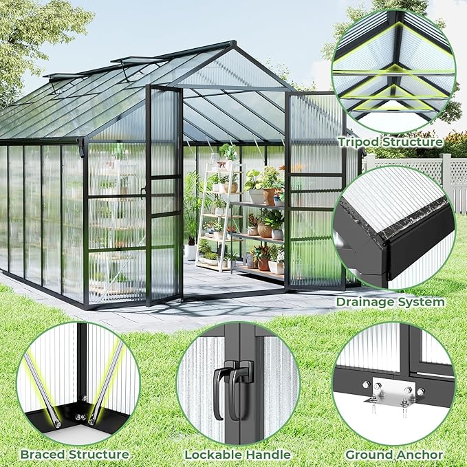 10x18FT Greenhouse for Outdoors, Galvanized Steel Frame Winter Green House w/Adjustable Roof Vent, Lockable Door Handle &DrainageSystem, Walk-in Greenhouses for Outside Garden Backyard
