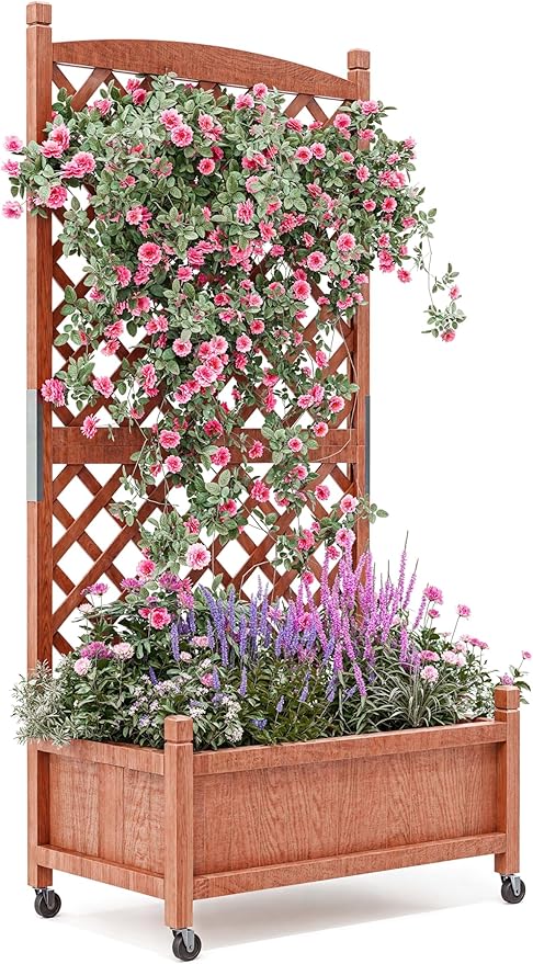 1 PCS Wooden Planter Box with Trellis, 29.5x13x61.5 in – Elevated Raised Garden Bed with Drainage Holes & Locking Wheels – Perfect for Outdoor, Balcony, or Indoor Gardening – Quick Assembly