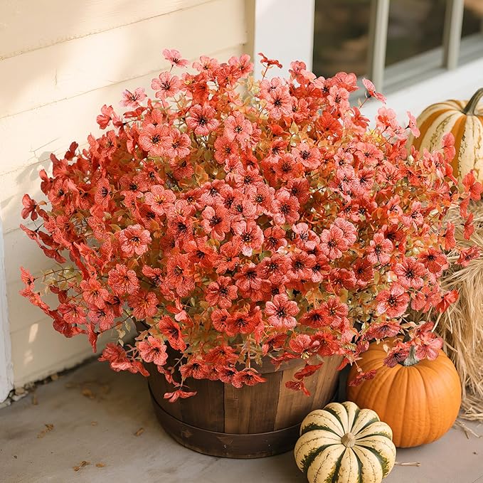 florisso Artificial Fall Flowers Fake Mums for Outdoor Autumn Decoration, 12 Bundles Faux Silk Orange Yellow Mums Daisy Look Real UV Resistant for Outside Home Porch Patio Planter