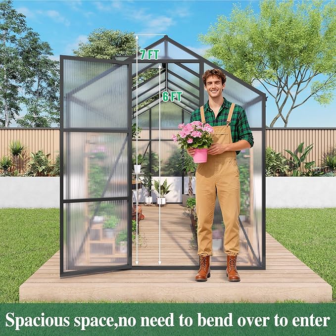 6x12x7 FT Greenhouse, Polycarbonate Greenhouse for Outdoors with Stronger Wind Protection and Roof Vent, Walk-in Large Aluminum Sunroom Winter Proof, Black