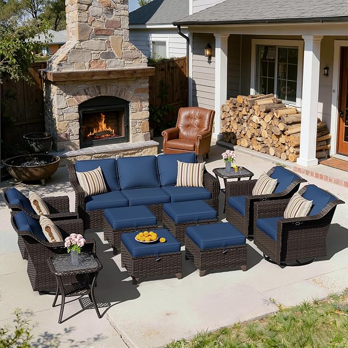 11 Pieces Patio Conversation Furniture Set - 1 Sofa, 4 Ottomans, 4 Swivel Chairs, 2 Side Tables, Outdoor Wicker Furniture with Removable Cushionsfor Porch, Balcony, Sunroom (Blue)