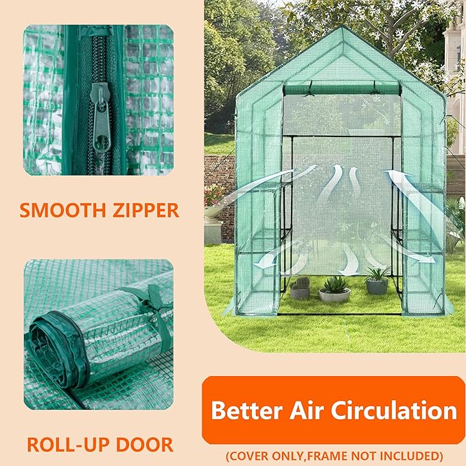 Greenhouse Replacement Cover, 56×29×76 Inches PE Walk-in Greenhouse Cover for Gardening Plants w/Roll-Up Zipper Door, Waterproof Frost Protection Wind Rain Proof, Easy Assembly (No Frames Include)