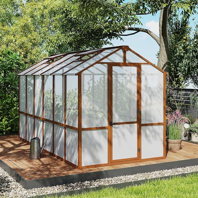 Large Walk in Greenhouse for Outdoors, 6x12 FT Length Heavy Duty Polycarbonate Panel Wooden Frame with Roof Vent & Lockable Outward-Opening Swing Door, All Season Garden Greenhouse for Backyard Patio