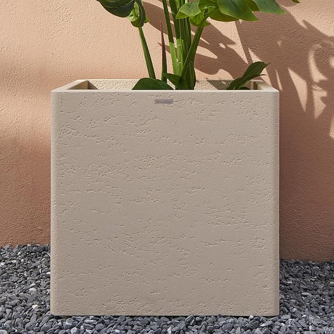 TerraDeco 20 Inch Square Concrete Planter（20Lx20Wx20H，48 Pounds）,Durable All-Weather Use with Drainage Holes,Large Square Planter for Outdoor Indoor Plants
