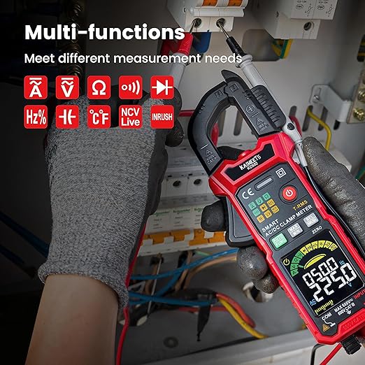 KAIWEETS Smart Digital Clamp Meter with D-Shaped Jaws, Clamp Multimeter with Inrush Current Function, Auto-ranging Amp Meter Built-in HD Color Screen, Measures AC/DC Current Voltage Temperature NCV