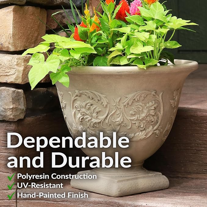 Sunnydaze 16-Inch Darcy Round Plant Pot - Polyresin Large Outdoor Urn Planter with Drillable Drainage Hole - 2 Pack - Beige