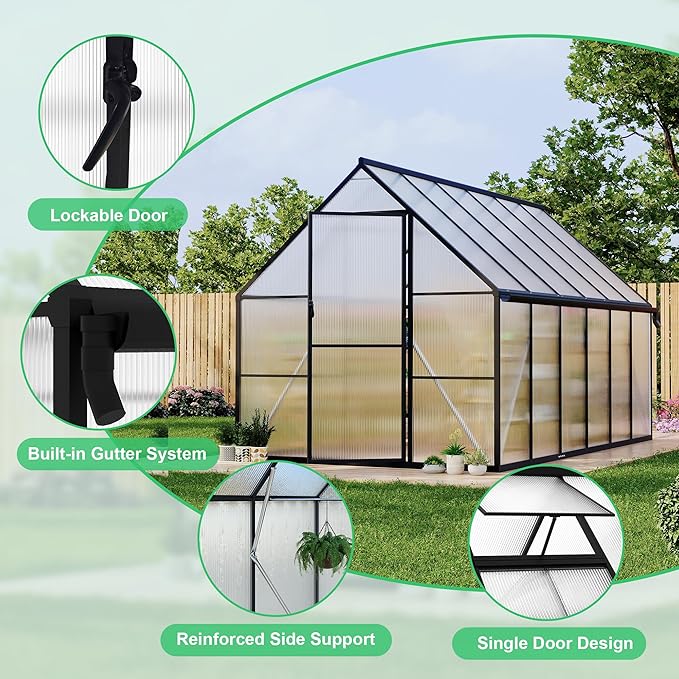 8 ft x12 ft Aluminum-Framed Polycarbonate Greenhouse, Heavy Duty Polycarbonate Greenhouse with Quick Setup Structure and Roof Vent, Large Enhanced Aluminum Green House Kit for Outdoors