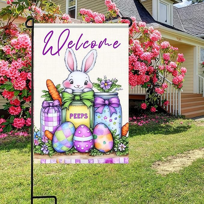 Spring Welcome Garden Flag2x18 Inch Double Sided Happy Easter Garden Flag Bunny Easter Egg Mason Jar Small Garden Flag Flower Yard Lawn Outside Decor Spring Outdoor Home Decoration
