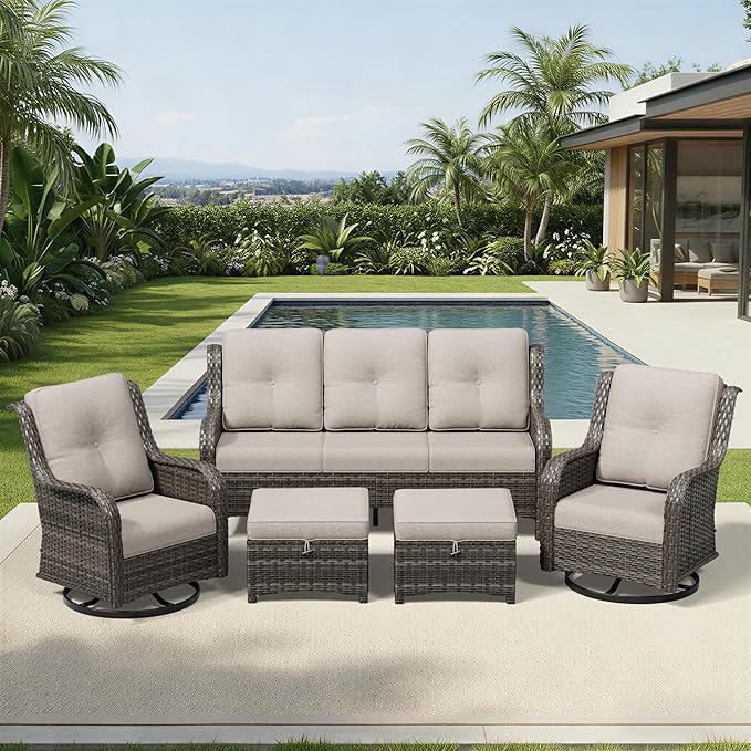Joyside 5 Piece Wicker Patio Furniture Set, Outdoor Swivel Rocker Patio Chairs with High Back, Deep Seating, Wide Armrest, Thickened Cushions, Outdoor Furniture for Deck, Porch Use