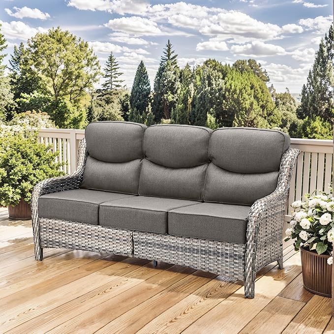 HUMMUH Luxury Patio Furniture Set 6-inch Thick Cushions High Back Swivel Rocker Chairs & 3 Seater-Couch & Steel Fire Pit Table 5 Pieces Outdoor Conversation Set for Porch,Deck,Backyard