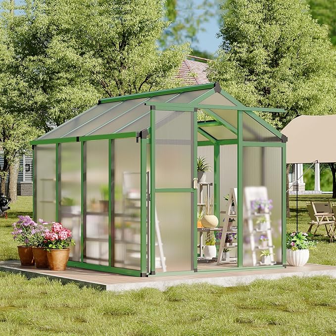 Greenhouse, 6x8 FT Greenhouse for Outdoors, Walk-in Green House with Ground Nails and Vent Windows, Sliding Lockable Door, Polycarbonate Greenhouses for Outside Garden Backyard, Quick Setup, Green