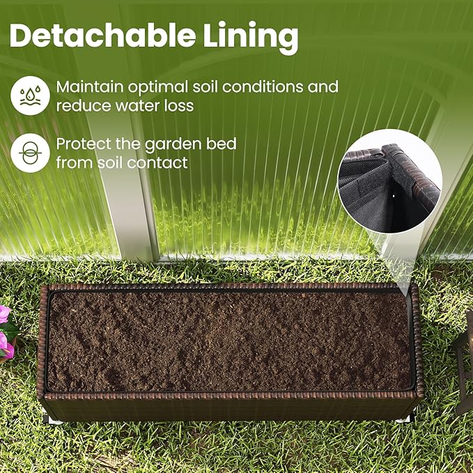 HAPPYGRILL Raised Garden Bed, All-Weather PE Rattan Elevated Planter Box w/Lockable Wheels, Liner for Growing Vegetables Flowers Herbs, Indoor Outdoor Wicker Rolling Gardening Box for Yard Patio (1)
