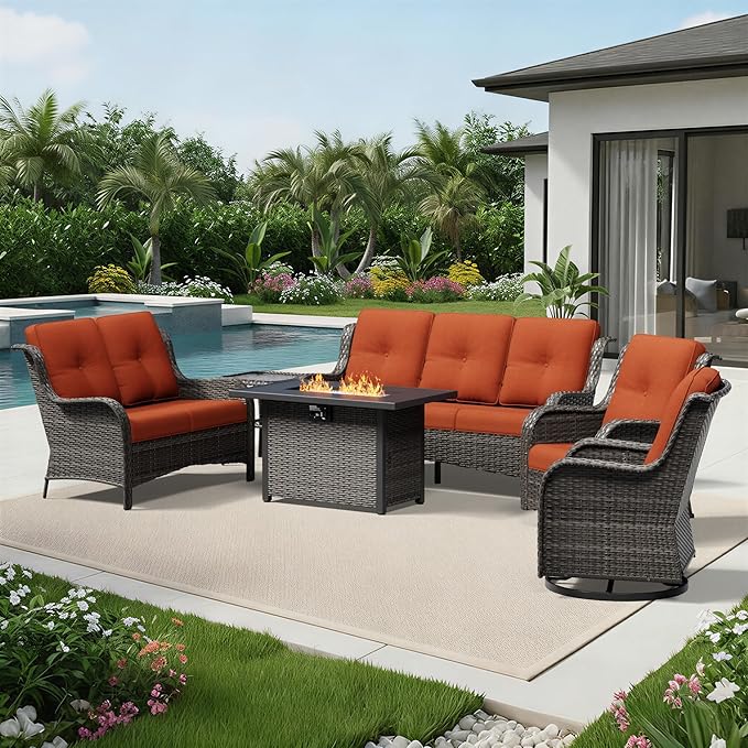Joyside 6 Piece Wicker Patio Furniture Set with Fire Pit Table, Outdoor Swivel Rocker Patio Chairs with High Back, Deep Seating, Wide Armrest, Thickened Cushions, Outdoor Furniture for Deck, Porch Use