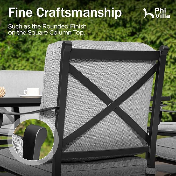 PHI VILLA Outdoor Steel Dining Chairs Set of 6, Heavy-Duty Rustproof Black Wrought Iron Armchairs with Cushions, Large Seating Furniture for Patio, Deck, Backyard, Porch