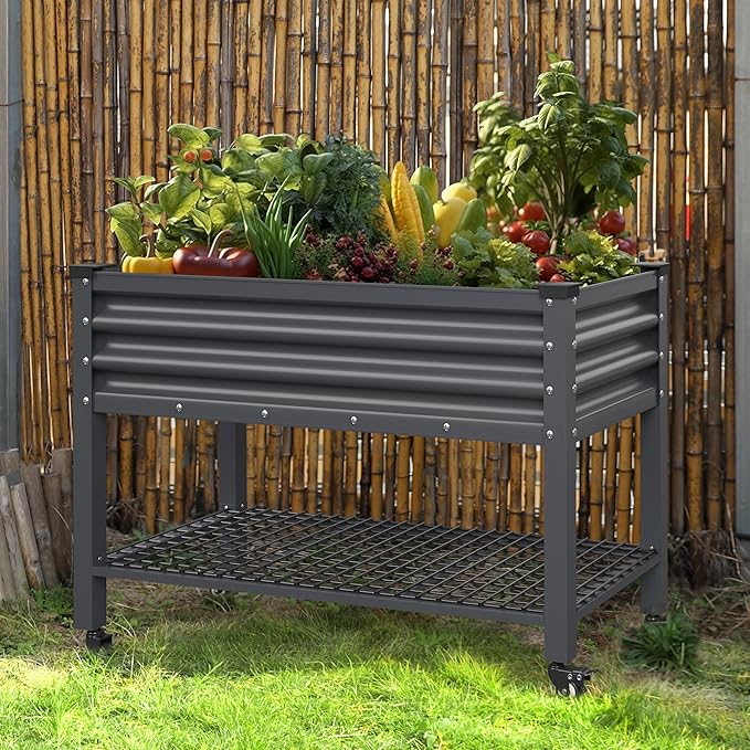 48" W x 24" D x 34" H Galvanized Raised Garden Bed with Lockable Wheels, Raised Garden Beds Outdoor with Drainage Gaps & Shelf, Planter Boxes Outdoor for Backyard, Patio, Balcony, Grey