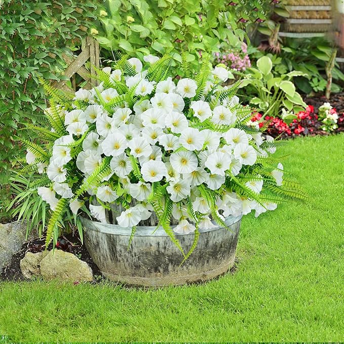 HIAGROW Artificial Flowers Outdoors 12 Bundles White Artificial Petunias Fake Flowers UV Resistant Shrubs Plants with Fern for Indoor Outside Hanging Planters Home Garden Summer Decorations