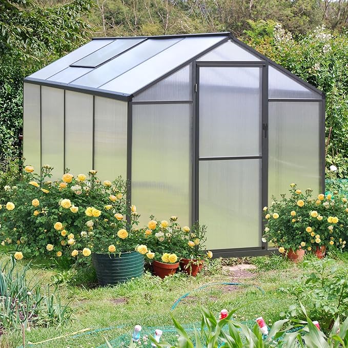 6x8 FT Greenhouse Kit for Outdoor, Polycarbonate Aluminum Walk-in Green House with Lockable Door and Adjustable Roof Vent, Backyard Garden in Winter, Gray