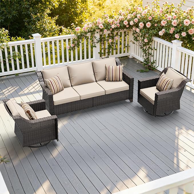 3 Pieces Patio Conversation Furniture Set - 1 Sofa, 2 Swivel Chairs, Outdoor Wicker Furniture with Removable Cushions for Porch, Balcony, Sunroom (Beige)