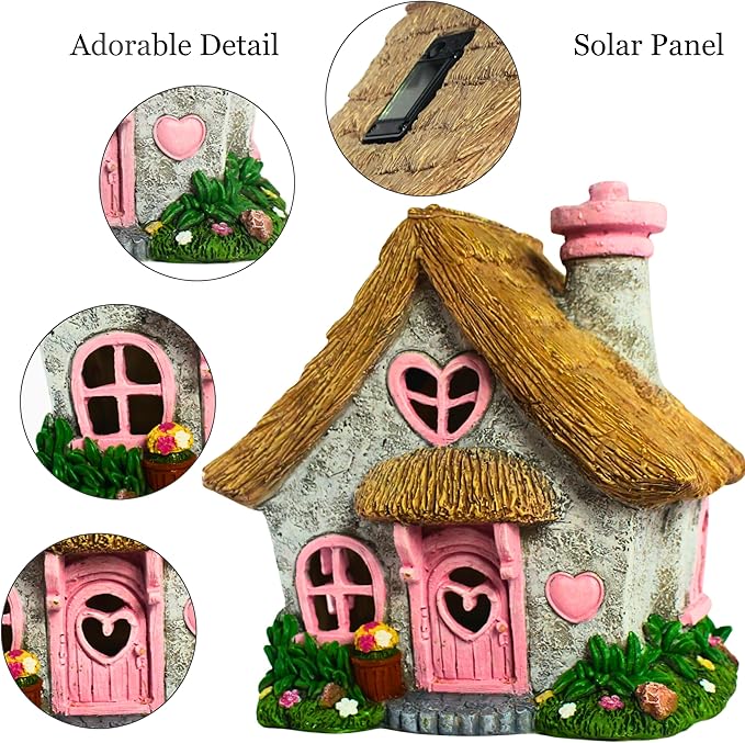 PRETMANNS Fairy House for Outside with Solar Powered LED Lights for Garden - Fairy Garden Houses for Outdoor - Miniature Accessories for Cottage Decor for Village - 7.56” High, Pink