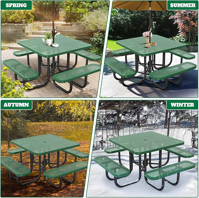 46" Square Top Outdoor Picnic Table Set for Up to 8 Persons, Outside Table Set with 4 Built-in Benches, Metal Commercial-Grade Dining Furniture with Umbrella Hole for Garden, Backyard, Porch, Green