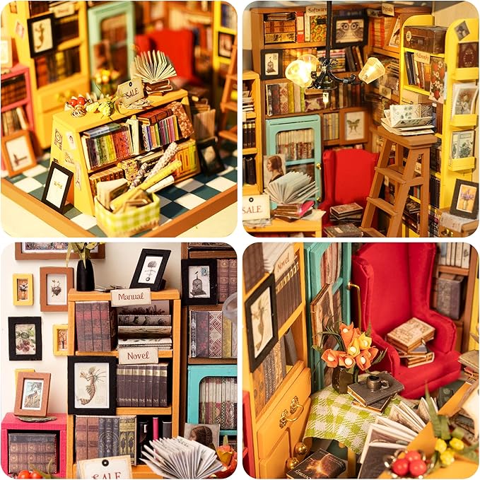 ROBOTIME DIY Miniature House Kit Miniature Dollhouse Kit Tiny House Kit for Adults Library House Kits Best Birthday Gifts for Teens(Sam's Study)